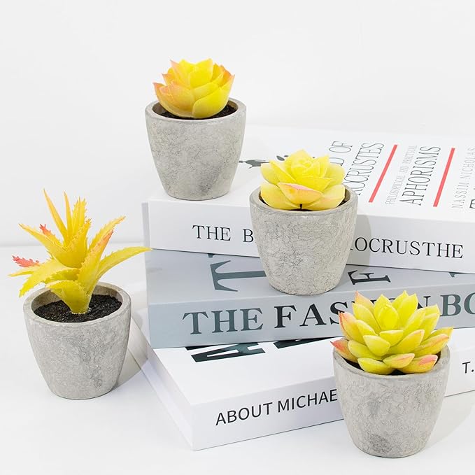 LUZOGA Set of 4 Small Yellow Fake Succulent Plants - Mini Artificial Succulents for Bathroom, Living Room, Office Desk, Coffee Table, Kitchen Shelves - Aesthetic Indoor Shelf Decor