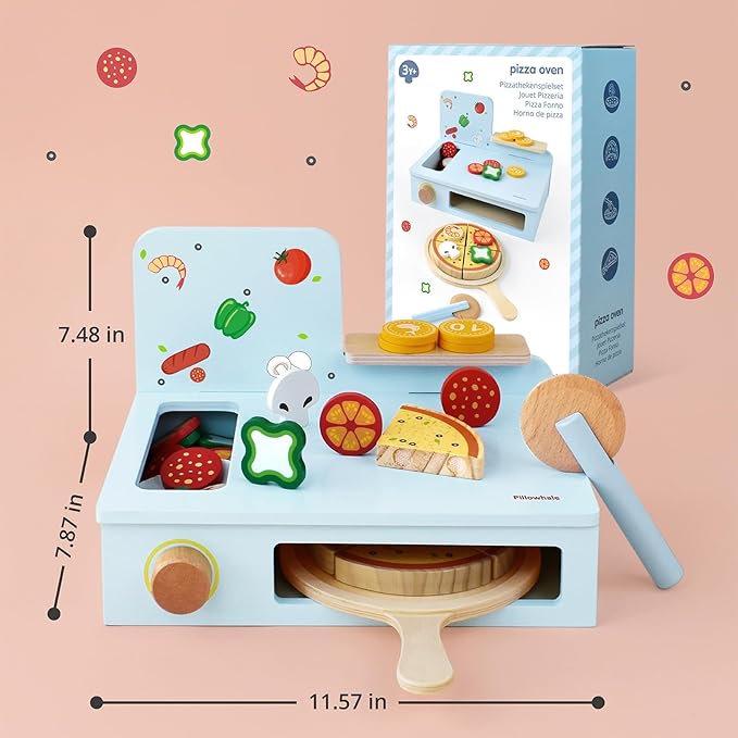 Pillowhale Wooden Pizza Play Set – 24 PCS Slice‑&‑Serve Pretend Play Pizza Toy, Hook‑and‑Loop Cutting, Montessori Kitchen Role Play, Wooden Play Food Gift for Toddlers Ages 3‑6