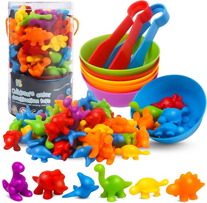 Counting Dinosaurs Toys Matching Game with Sorting Bowls Preschool Learning Activities Montessori Sensory Toys for Math Color Sorting, Party Favors Birthday New Year Gifts for Toddlers