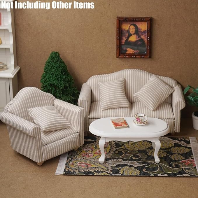 Odoria 1/12 Miniature White Coffee Table and Upholstered Chair Sofa Set Mini Armchair Striped Khaki Couch Miniatures Dollhouse Furniture Accessories Doll House Accessory