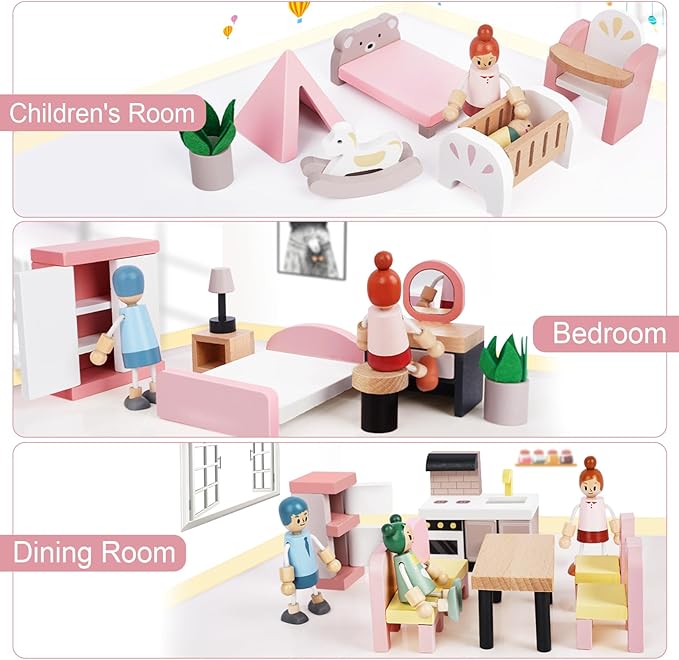 Wooden Dollhouse Furniture Set with 4 Family Dolls, 36 Pcs Sanlebi Doll House Accessories and Furniture, Miniature Furniture Including 5 Room Kits, Pretend Play Toy Gift for Boys Girls Toddler 3+