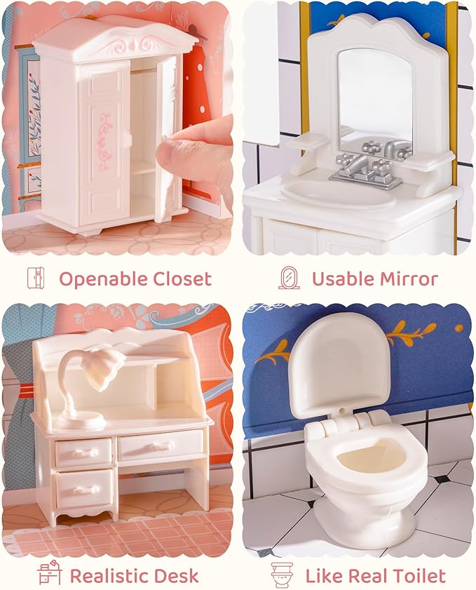 ROBOTIME 28PCS Dollhouse Furniture and Accessories Set, 1:12 Scale Doll House Mini Furniture Playset with Bedroom, Living Room, Bathroom Accessories, Pretend Play Furniture Toys Gift for Kids Girls