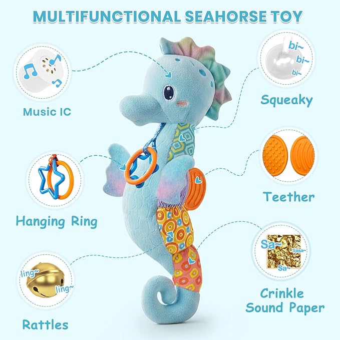 Baby Toys 0-6 Months,Infant Musical Seahorse Stuffed Animals Sensory Toys with Bright Colors,Multiple Textures,Rattles & Crinkle Sound Paper,Soft Tummy Time Toy for Newborn Boys Girls 0-12 Months-Blue