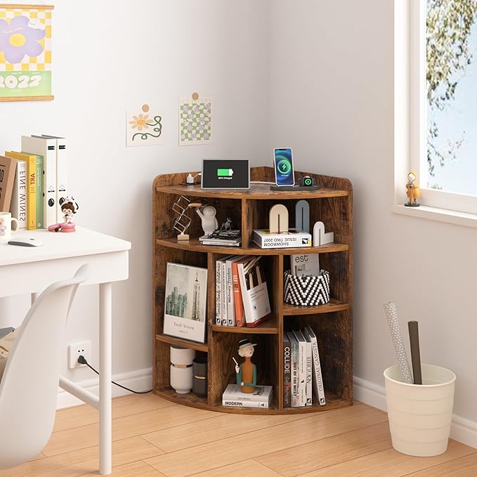 VECELO Corner Cube Shelf with USB Ports & Outlets, Modern Corner Toy Storage Rack with Adjustable Shlef, Wooden Display Bookshelf Bookcase for Living Room, Bedroom, Dining Room, Kitchen, Brown