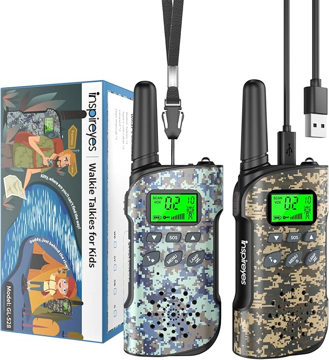 Inspireyes Walkie Talkies for Kids Rechargeable,Toys for Boys and Girls Ages 3-12, 2 Pack Long Range 2-Way Radios, Birthday Gifts,Christmas Stockings, Outdoor Play, Family Games, Hiking Camping Gear