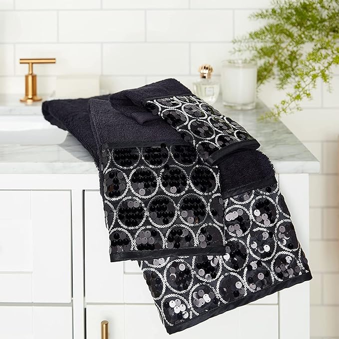 Zahari Home 4pc Sinatra Stylish Bathroom Accessories Set Black Soap Dispenser/Lotion Pump, Tumbler, Tooth Brush Holder and Soap Dish Modern Luxury Decor Bling Mosaic Glass Black Bathroom Accessories
