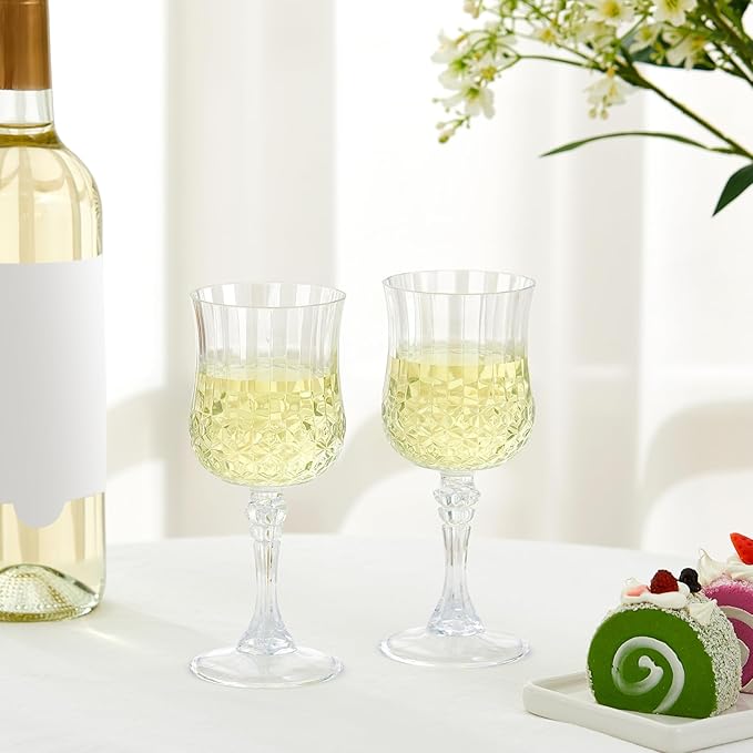 Pinkunn 6 Pcs 7 oz Plastic Vintage Wine Glasses Reusable Colored Goblets Patterned Drinking Water Glasses Cup Dishwasher Safe for Valentine's Day Wedding Reception Party Supplies (Transparent)