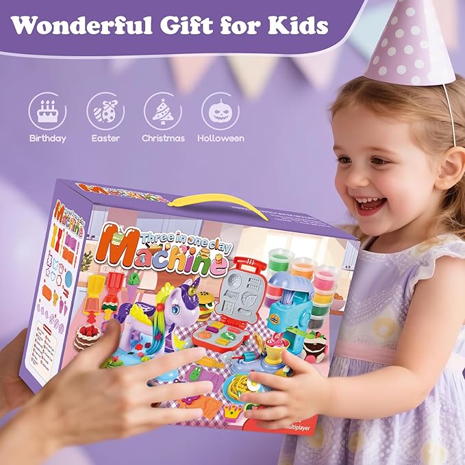 Aprilwolf 60 PCS 3 in 1 Dough Sets for Kids Ages 3-4-8, Art Crafts Dough Tools Kit, Unicorn Hair Stylist, Ice Cream Playset Hamburger Maker Machine, Kitchen Creations Food Play Toys Boys Girls