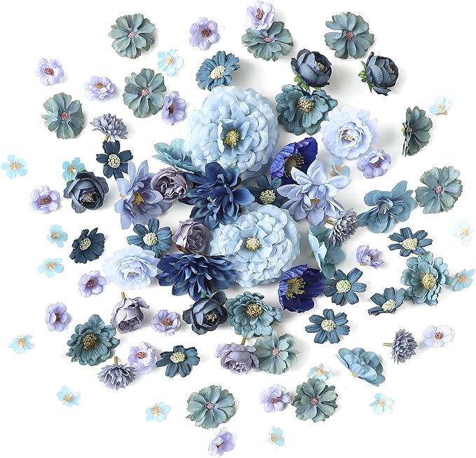 Floroom Mini Artificial Flower Heads Dusty & Navy Blue Fake Peony Daisy Rose Multicolor Small Faux Silk Flower Heads for Cake Craft Garland Wedding Party Graduation Cap DIY Home Decoration, 0.8"-3.6"