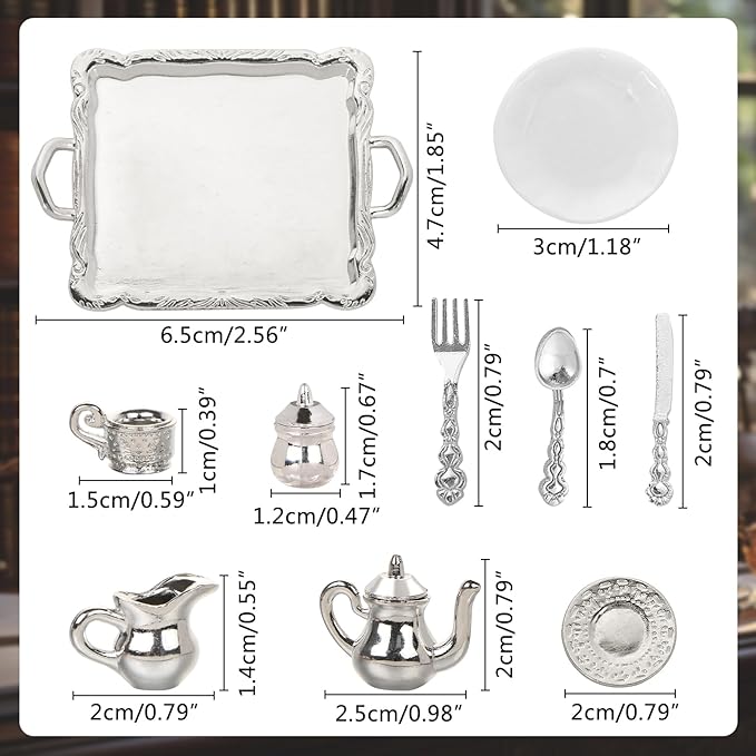 24 Pieces 1:12 Miniature Tea Set Metal Mini Teapot Tiny Tea Cup Mini Doll Plates Knife Fork Spoon Miniature Dollhouse Accessories for Dollhouse