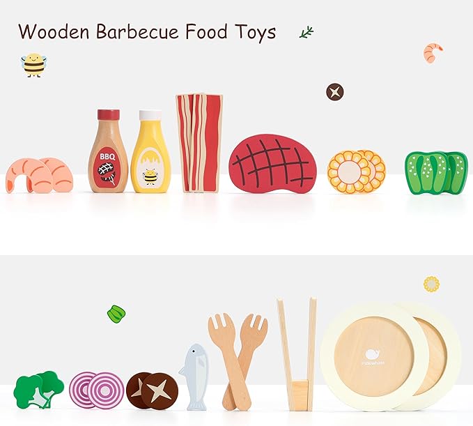 Pillowhale Wooden Play Food for Kids Kitchen - 24 Pcs Montessori Pretend Play Kitchen Accessories, Educational Learning Toys with Toy Fruits, Vegetables & Meat, Gift for Boys Girls Ages 3-6