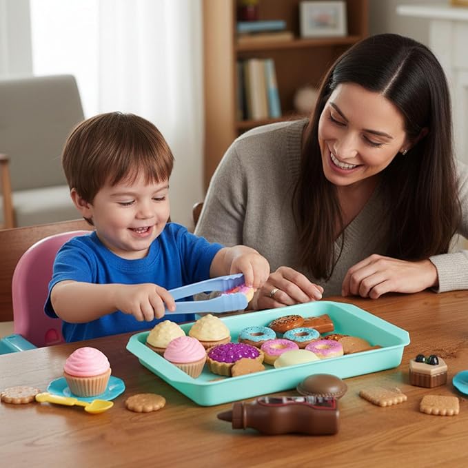 LOVESTOWN Pretend Play Desserts Toy Set - 29 PCS Kids Desserts Fake Food for Tea Party & Birthday Gift