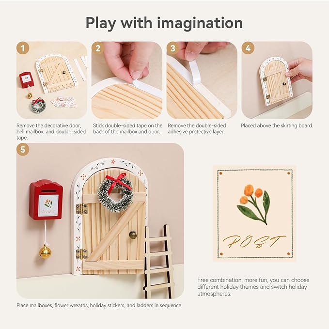 Mamimami Home Festival Wooden Little Magical Fairy Door, Elf Miniature Tiny Door with Ladder and Wreath, Tooth Fairy Door Handmade Christmas Decorations