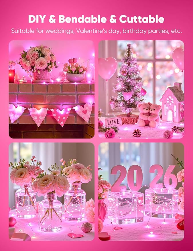 Minetom 12 Pack Pink Christmas Lights, 7ft 20 LED Fairy Lights Battery Operated, Valentines Day Decorations, 8 Modes Timer Waterproof Silver Wire Twinkle Lights, Valentine's Day Lights