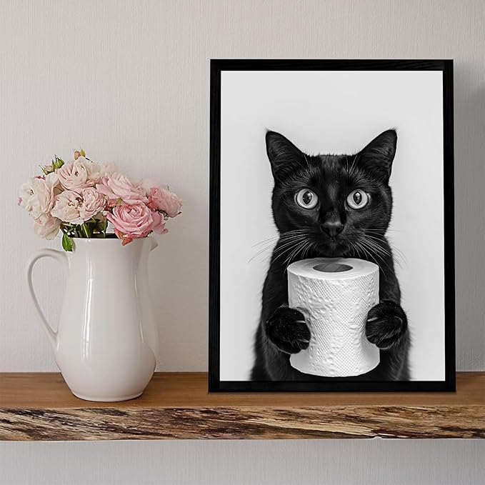 VPUQWGKE Bathroom Black Cat Wall Art Cute Black Cat Holding Toilet Paper Picture Wall Decor Funny Animal Painting Artwork Black and White Print for Bathroom Toilet Home Decoration 8x10in Black Frame