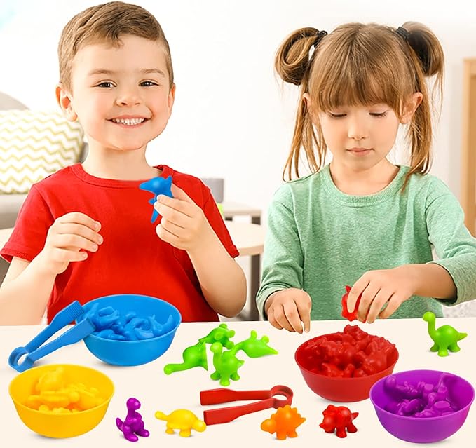Counting Dinosaurs Toys Matching Game with Sorting Bowls Preschool Learning Activities Montessori Sensory Toys for Math Color Sorting, Party Favors Birthday New Year Gifts for Toddlers
