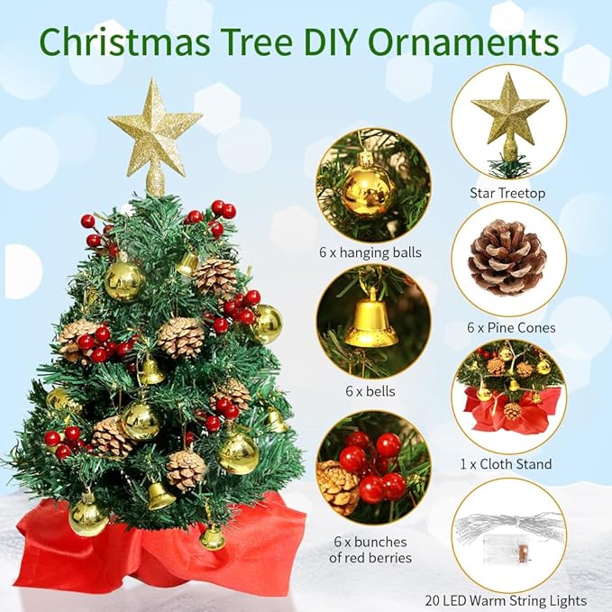 24 Inch Mini Christmas Tree with Lights 2ft Small Christmas Tree with Star Christmas Table Decorations for Bedroom, Home, Office, Holiday Party Decor