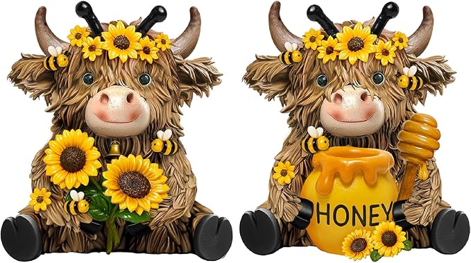 Burbell 2 Pack Bee Highland Cow Resin Figurine Summer Bee Bathroom Highland Cow Gnomes with Sunflower Starfish Resin Statue for Garden Table Shelf Home Decor Calf Gnome Herd Gifts