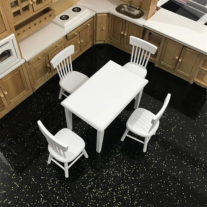 Dollhouse Decoration Accessories, 1:12 Dollhouse Miniature Furniture Wooden White Dining Table Chair Model Set