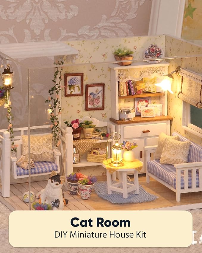 DIY Miniature House Kit – Mini Doll House Model Tiny Home Build Dollhouse Diorama Craft Kit with LED Dust Cover for Beginners Christmas Halloween Holiday Birthday Gift for Adult(Cat Room)
