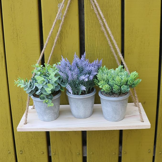 COTSEN 3 Pack Artificial Potted Plants Fake Potted Plants Artificia Eucalyptus Artificial Fake Flowers Hops Plants Artificial Lavender for Bookshelf Desk Home Decorate