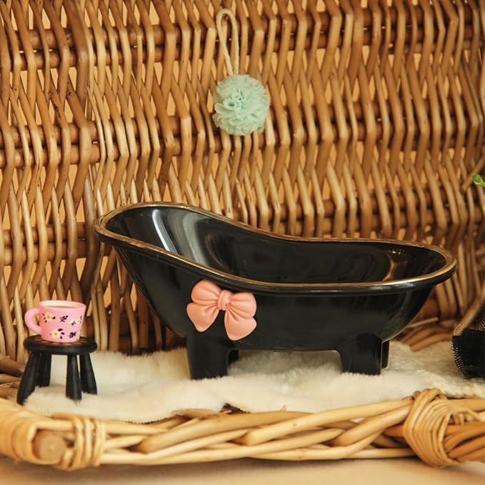 Minamzee Dollhouse Bathtub, 1:12 White Miniature Bathtub with Blue Bath Ball and Carpet, Dollhouse Bathroom Furniture for Home Decor Accessory