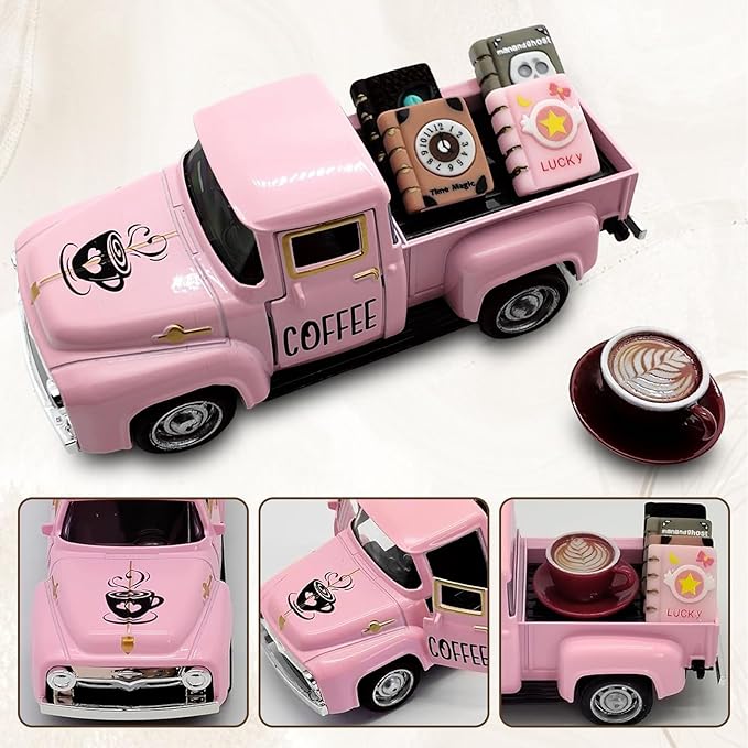 Coffee Decor for Coffee Bar Vintage Metal Truck with Mini Fake Books and Coffee Farmhouse Pink Christmas Tiered Tray Decor Coffee Station Tabletop Coffee Ghost Sign Rustic Coffee Table Centerpiece