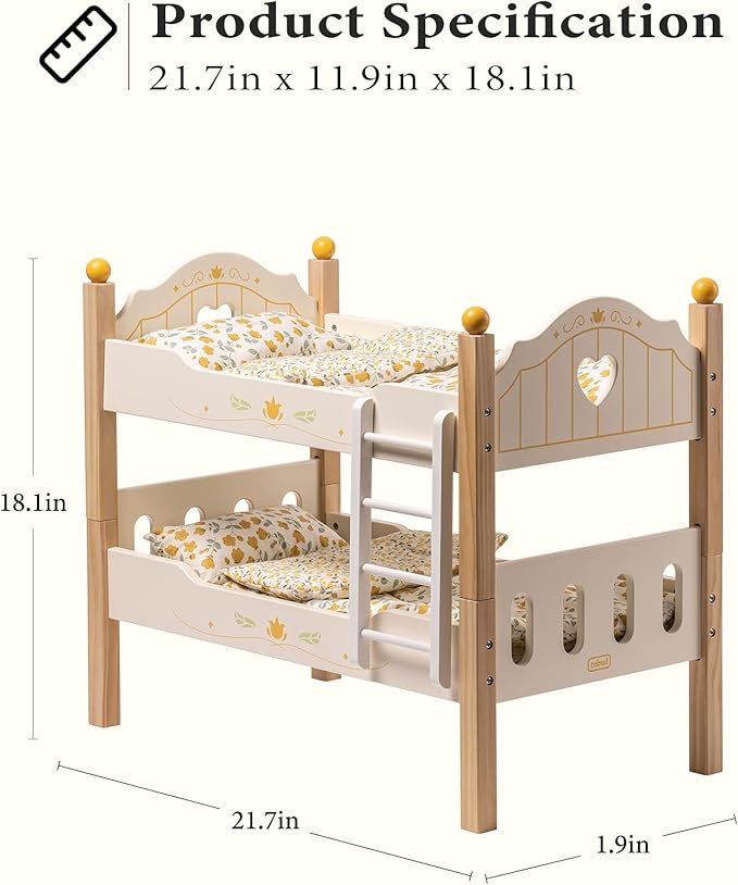 ROBUD Baby Doll Crib, Wooden Baby Doll Beds for 20 Inch Dolls, Baby Doll Bunk Beds with Tulle, American Girl Doll Bed for Gifts, WRP12