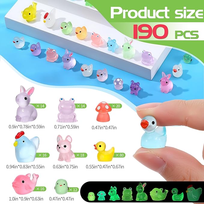 190PCS Luminous Mini Resin Ducks Tiny Glow in The Dark Duck Chickens Rabbit Frogs Dolphin Mushroom Puppy Resin Miniature Animals for Landscape Dollhouse Garden Decoration