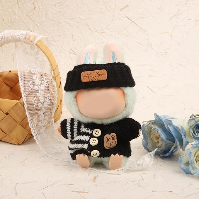 Clothes for LABUBU Doll (NO Doll), Handcrafted Crochet 3-Piece Accessories for LABUBU 17cm Dolls, Premium Outfit - Bunny Sweater + Hat + Bag, Cute Clothes for Dress up Unique Style (Black)