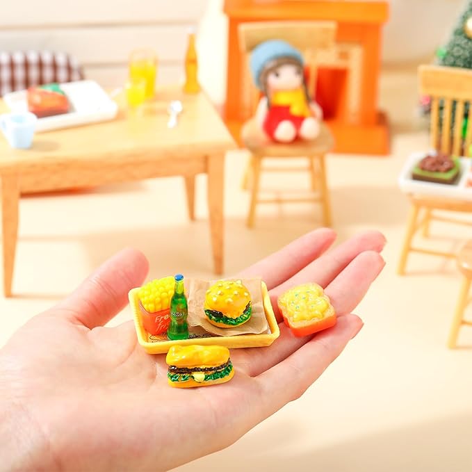 38 Pcs Miniature Food Toy Miniature Doll House Accessories Miniatures Play Sets Small Doll Food Dollhouse Foods, Hamburger Fries Soda Milk Juice Fast Foods Set for Pretend Kitchen(Cute Style)