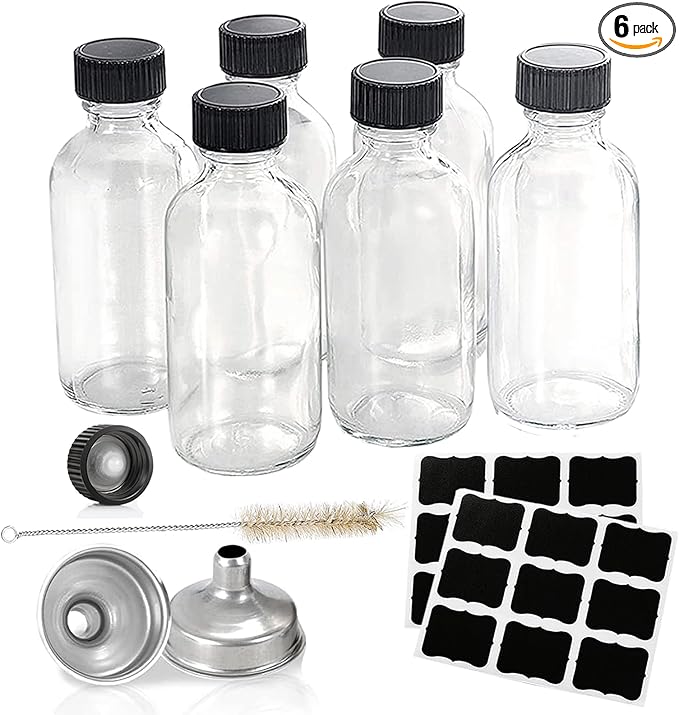 Hadatido 6pack 2oz Glass Bottles With Caps,Liquid Sample Bottles for Bourbon Whiskey,liquor,Juice,Potion,Oils,Vanilla Extract,Tincture,Hot Sauce,Syrup,with Funnels,Labels,Brush,No Leakag