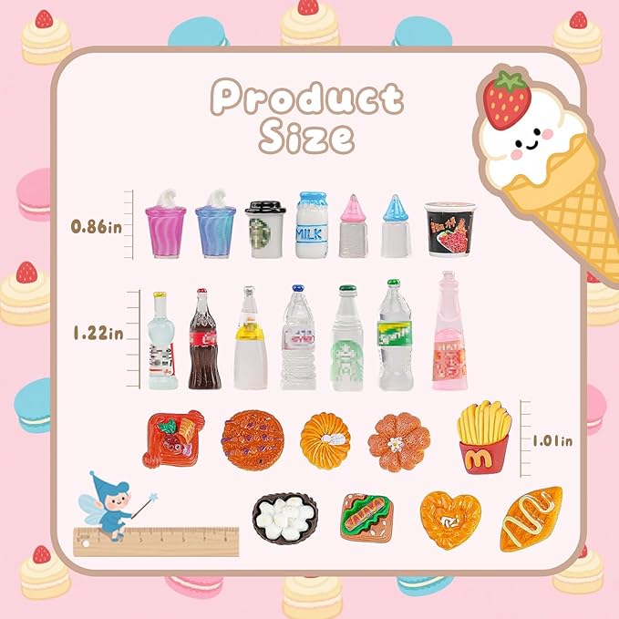100 Pcs Miniature Food Set & Drink Bottles Realistic Resin Dollhouse Accessories 1:12 Scale Mini Food Kit for Kids Play, Collectors, Miniature Scene Kitchen Game Party Cake Bread Dessert