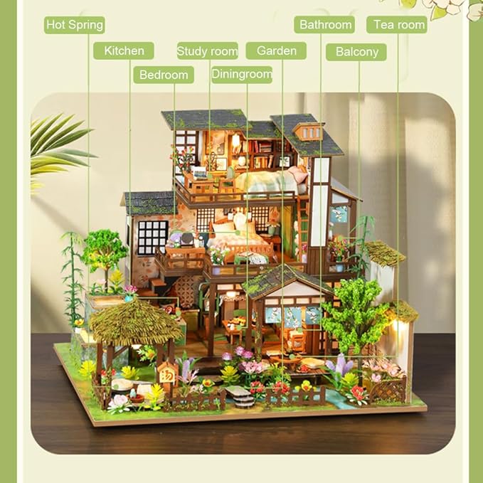 Yuzhen DIY Miniature Dollhouse with Furniture and LED Lights, Japanese Style Wooden Dollhouse Includes Dustcover and Music Movement, Exquisite Home Decor