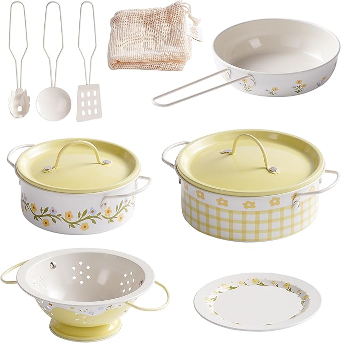 ROBUD Kids Pots and Pans Playset,Toddler Kitchen Accessories Pretend Cooking,Cottagecore Yellow Stainless Steel Pots and Pans Metal, Kitchen Set for Kids, Mini Toy Kitchen Accessories(9 Pieces)
