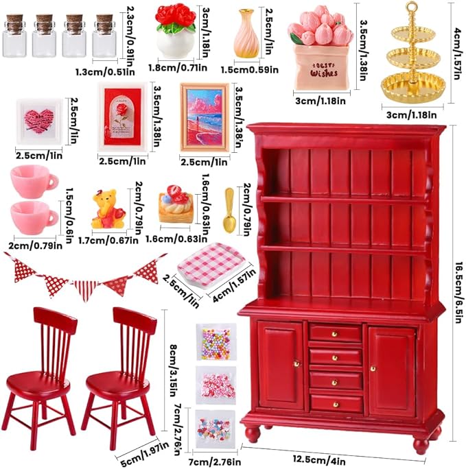 24Pcs Valentines Dollhouse Miniatures Decorations 1:12 Scale Mini Romantic Wooden Bookshelf Furniture Set Tiny Bottles Flowers Chairs Cups Valentine's Day Decor