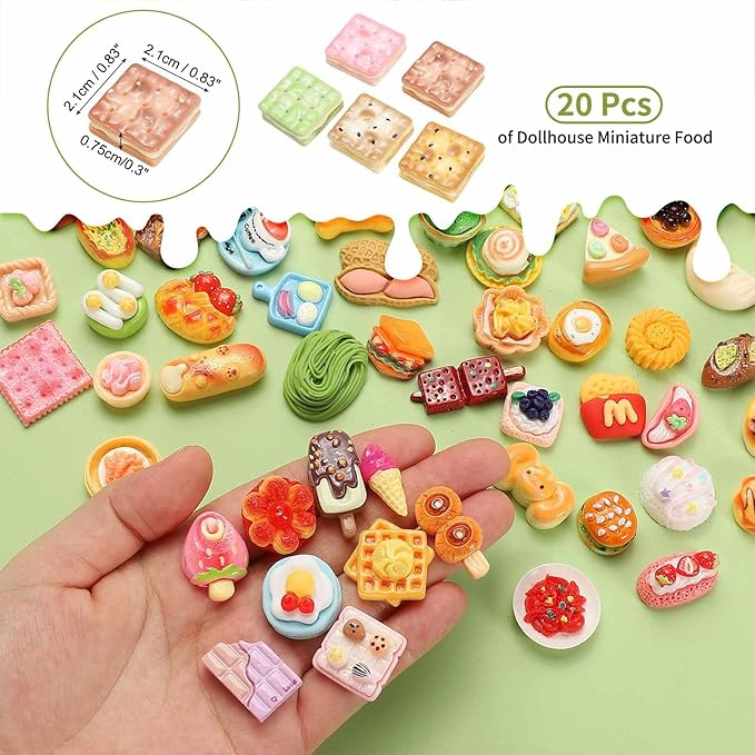 Dollhouse Miniature Food, Cute Mixed Square Cookies Figures Toys Mini Resin Foods Trinkets for Pretend Play Kitchen Cooking Game & Doll House Decor (Mixing Colors, 20pcs)