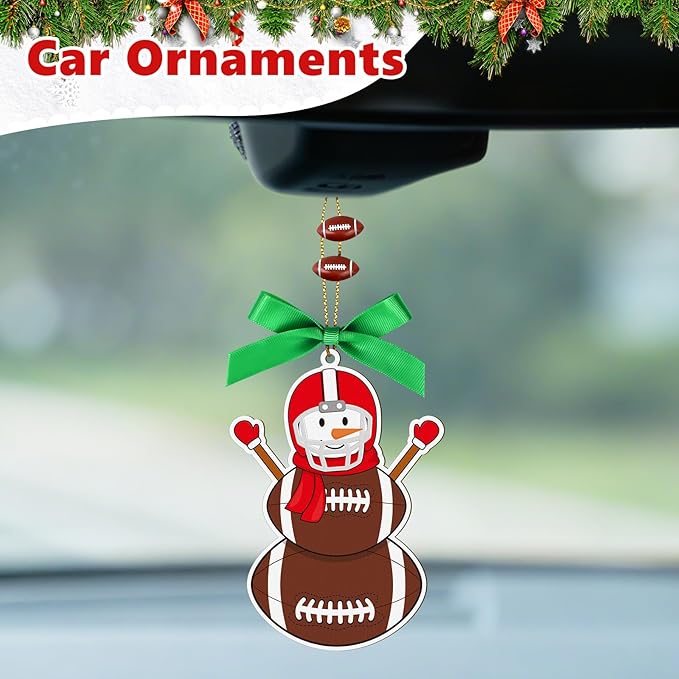 4.3 Inches Snowman Football Christmas Ornament, Wooden Football Snowman Tree Ornament Hanging Decoration for Rearview Mirror, Window, Eaves, Fireplace and Home Holiday Party Decor