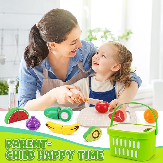 Wooden Food for Play Kitchen - Cutting Fruits Toys for 1 2 3 Years Old Toddlers Kids, Vegetables Gift for Boys Girls Educational Toys
