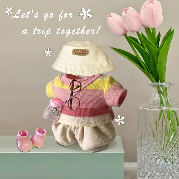 Clothes for 6.7in/17cm Dolls (Without Dolls) Sets and Accessories,6PCS (Hat + Glasses + t-Shirt + Pants + Water Bottle + Shoes), Collectors and As Gifts. (Pink and Yellow Duplex)