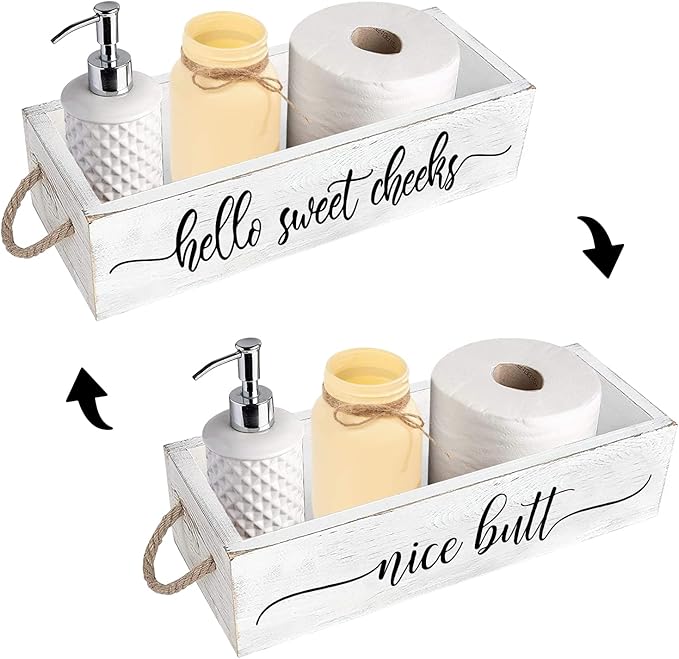 PZJIEAN Funny 2 Sides Hello Sweet Cheeks White Bathroom Decor Box with Handle, Farmhouse Bathroom Decor Box for Toilet Paper, Back of Toilet Organizer