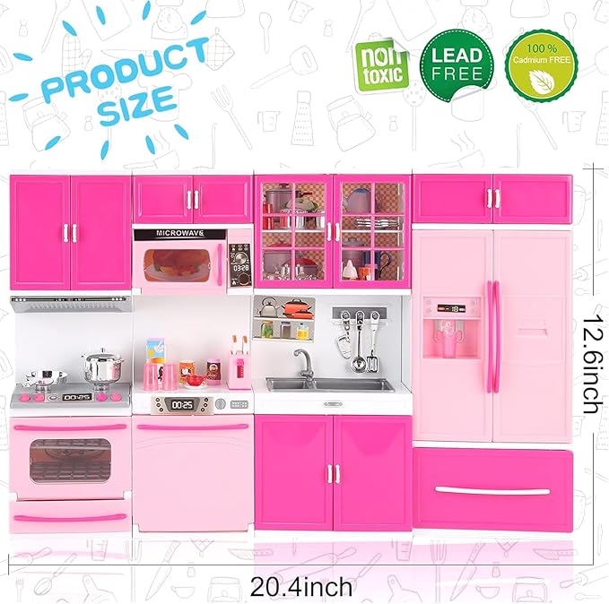 RBN Doll Size Pink Modern Kitchen Cooking Toy Play Set Play House & Accessories with Doll Girls Pretend Play Furniture Appliances with Lights & Sound - Pink