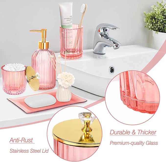 Pink Bathroom Accessories Set, 4Pcs Glass Bathroom Decor Complete with Lotion Soap Dispensers, Toothbrush Holder, Cotton Swab Jars, Vanity Tray, Cute Bathroom Essentials Gift for Girls