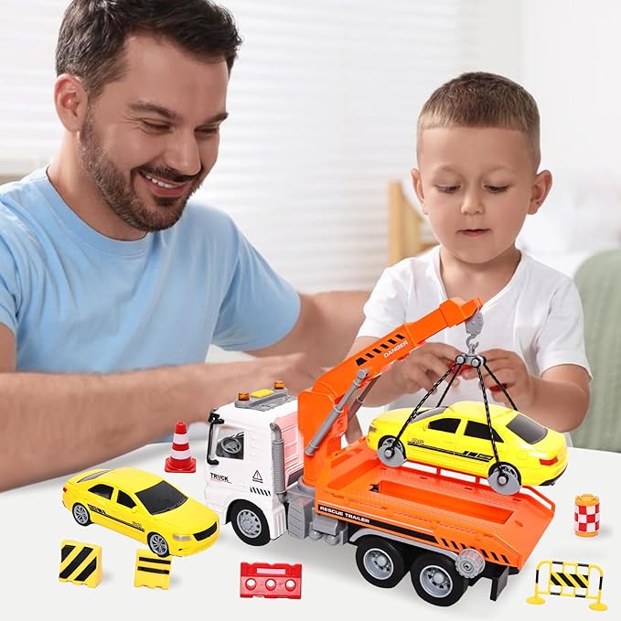 11" Kids Tow Truck Toy, Friction Powered Transport Truck with Racing Car, Traffic Signs, Sound and Lights for Boys & Girls Age 3-7 8 9 10 Year Old