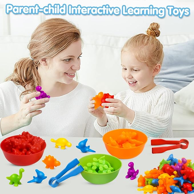 Counting Dinosaurs Toys Matching Game with Sorting Bowls Preschool Learning Activities Montessori Sensory Toys for Math Color Sorting, Party Favors Birthday New Year Gifts for Toddlers