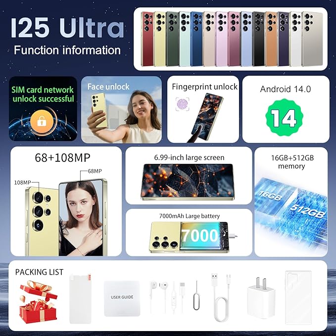 BDWJW I25 Ultra Smartphone 16GB+512GB Android 14 Smartphone, 6.99" FHD+ Display, 7000mAh Battery, 108MP+68MP Dual Camera, Built-in Pen Stylus, Fast Performance Large Memory (Yellow)