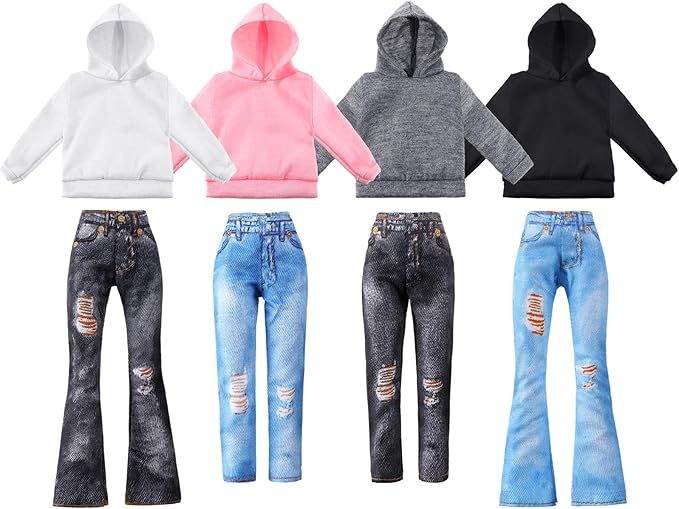Bencailor 8 Pieces Winter Doll Clothes Girl Accessories Cotton Christmas Sweaters Denim Pants Regular Outfit Clothing(Black,White,Grey,Pink,11.5 Inch Doll)