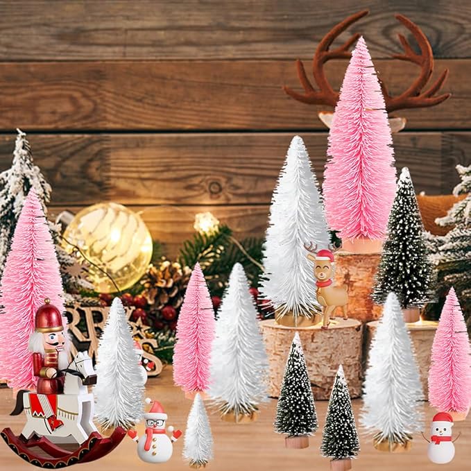 Yahpetes Artificial Mini Christmas Trees, 30 Pcs Sisal Snow Pines in 5 Sizes, Crafting Displaying Decoration, Tabletop Xmas Tree for Home, Party (Pink/White/Green)