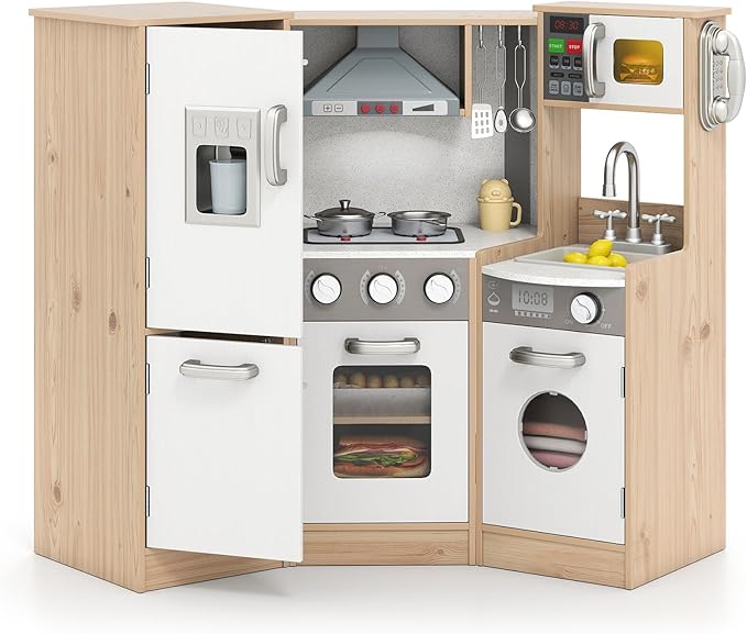 Costzon Kids Kitchen Playset, 9-in-1 Wooden Pretend Play Kitchen w/Realistic Light & Sound, Ice Maker, Washing Machine, Microwave & Stove, Toddler Kitchen Toy Set for Boys & Girls