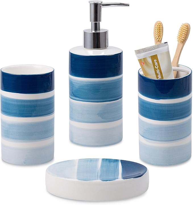 Bathroom Accessories Set, 4-Piece Blue Ceramic Bathroom Decorations Accessories Set, Contain Toothbrush Cup, Soap Dispenser, Soap Dish, Tumbler